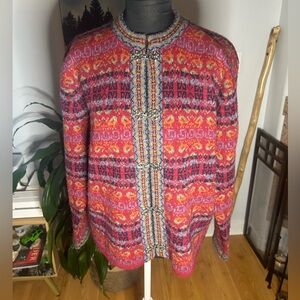 Vintage Cambridge 100% Wool Cardigan Fair Isle Nordic Knit Frog Clasp Women's S